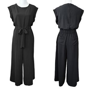 CALVIN KLEIN Black Crop Wide Leg Jumpsuit Size 8 Tie Waist Short Sleeve
